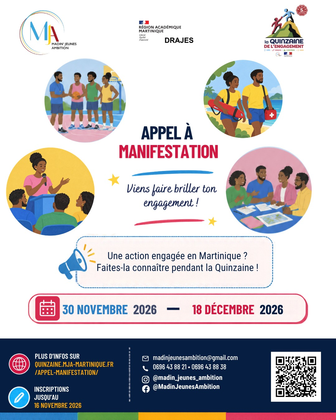 Affiche de l’appel à manifestation 2026 : Viens faire briller ton engagement ! Inscriptions jusqu’au 16 novembre, Quinzaine du 30 novembre au 18 décembre 2026.